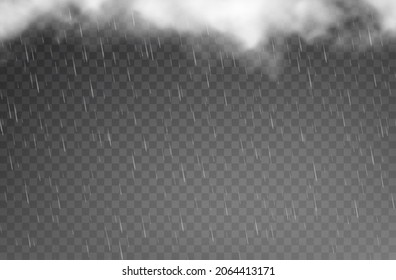 Rain drops and clouds, rainfall on transparent background, vector falling raindrops. Rainy weather and cloudy sky with realistic rain water drops and storm clouds for heavy shower or hailstorm overlay
