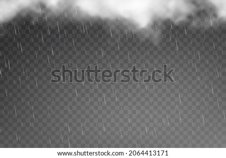 Rain drops and clouds, rainfall on transparent background, vector falling raindrops. Rainy weather and cloudy sky with realistic rain water drops and storm clouds for heavy shower or hailstorm overlay Stock photo © 