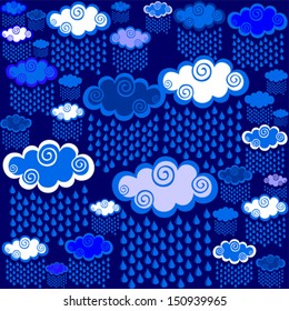 Rain drops and clouds seamless pattern. Vector Illustration