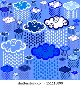 Rain drops and clouds seamless pattern. Vector Illustration