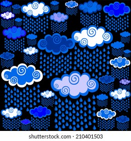 Rain drops and clouds seamless pattern. Vector Illustration 