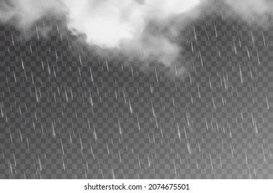 Rain drops and cloudy sky, rainfall on transparent background, vector rainy weather with falling raindrops. Realistic rain water drops and storm sky with clouds and heavy shower effect