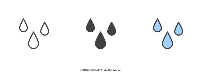 Rain drops different style icon set. Line, glyph and filled outline colorful version, outline and filled vector sign. Symbol, logo illustration. Vector graphics