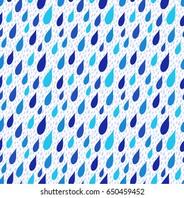 Rain drops falling obliquely, stylised seamless vector background in blue hues over white