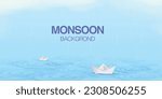 Rain drops falling on water creating ripples with paper boats sailing on water.