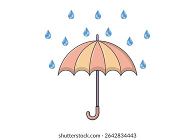 Rain drops falling onto umbrella in soft pastel color scheme, vector cartoon illustration, cute and minimal flat design for use in seasonal content, backgrounds, and fabric print

