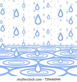 Rain. Drops of rain falling to the surface, forming water circles. Graphic background. Vector illustration