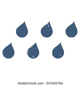 Rain Drops grainy textured icon for overlay watermark stamps. Flat symbol with scratched texture. Dotted vector blue ink rubber seal stamp with grunge design on a white background.