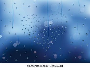 Rain drops in heart shape on a window pain. Vector illustration
