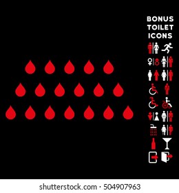 Rain Drops icon and bonus man and woman toilet symbols. Vector illustration style is flat iconic bicolor symbols, red and white colors, black background.
