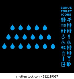 Rain Drops icon and bonus man and female toilet symbols. Vector illustration style is flat iconic symbols, blue color, black background.