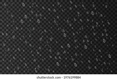 Rain drops isolated on transparent background. Rainfall. Realistic falling water. Vector texture.