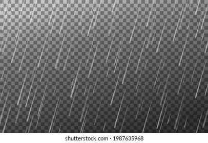 Rain drops isolated on transparent background. Rainfall. Realistic falling water. Vector texture.