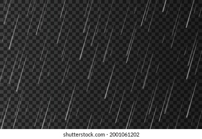Rain drops isolated on transparent background. Rainfall. Realistic falling water. Vector texture.