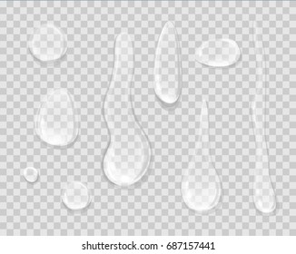 Rain drops isolated on transparent background. Liquid aqua droplets, clean raindrops of different form and shape on transparency