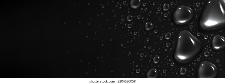 Rain drops on black background, water condensation, raindrops with empty copy space on dark window surface. Abstract wet texture, backdrop, frame or border template, Realistic 3d vector illustration