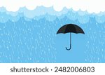 Rain drops on blue background. Falling water drops. Nature rainfall and umbrella.