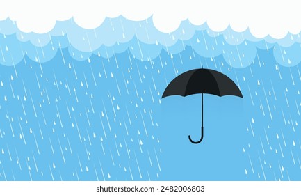 Rain drops on blue background. Falling water drops. Nature rainfall and umbrella.