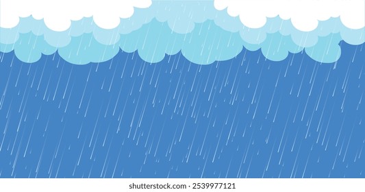 Rain drops on blue background. Storm with rain and white cloud isolated on transparent background. Falling water drops. Nature rainfall. 