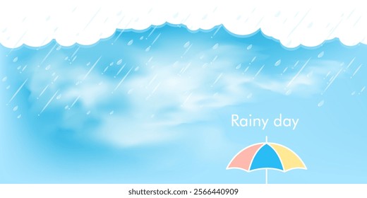 Rain drops on blue background and an colorful umbrella. Falling water drops. Nature rainfall. All layered and grouped. Vector.