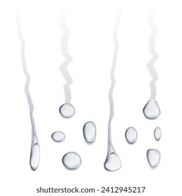 Rain drops on glass or flat surface. Vector dripping droplets with trace flowing down. Liquid or condensate, realistic aqua or steam in shower. Clear splashing bubbles falling raindrops