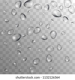 Rain Drops on Transparent Background. Realistic Water Drops for Your Design. Condensation on Glass with many Fresh Droplet. Dew Backdrop. Vector illustration. 