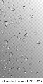 Rain Drops on Transparent Background. Beautiful Water Drops for Your Design. Condensation on Glass with many Fresh Droplet. Dew Drop Background. Vector illustration. 