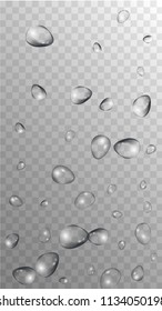 Rain Drops on Transparent Background. Realistic Water Drops for Your Design. Condensation on Glass with many Clean Droplet. Beauty Background.  Vector illustration. 