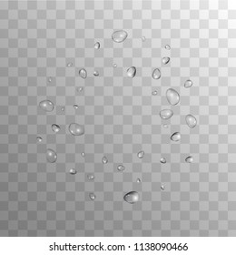 Rain Drops on Transparent Background. Realistic Water Drops for Your Design. Condensation on Glass with many Fresh Droplet. Dew Backdrop. Vector illustration. 