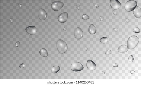Rain Drops on Transparent Background. Cool Water Drops for Your Design. Condensation on Glass with many Fresh Droplet. Beauty Background.  Vector illustration. 
