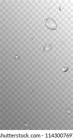 Rain Drops on Transparent Background. Cool Water Drops for Your Design. Condensation on Glass with many Fresh Droplet. Background for Cosmetic  Vector illustration. 