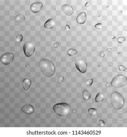 Rain Drops on Transparent Background. Realistic Water Drops for Your Design. Condensation on Glass with many Clean Droplet. Beauty Background.  Vector illustration. 