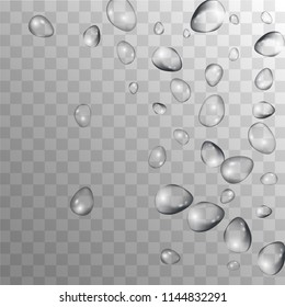 Rain Drops on Transparent Background. Beautiful Water Drops for Your Design. Condensation on Glass with many Fresh Droplet. Dew Drop Background. Vector illustration. 