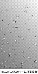 Rain Drops on Transparent Background. Realistic Water Drops for Your Design. Condensation on Glass with many Clean Droplet. Background for Cosmetic  Vector illustration. 
