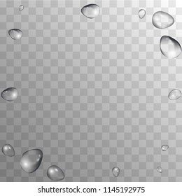 Rain Drops on Transparent Background. Beautiful Water Drops for Your Design. Condensation on Glass with many Fresh Droplet. Beauty Background.  Vector illustration. 