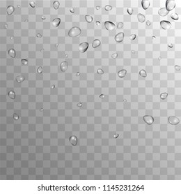 Rain Drops on Transparent Background. Realistic Water Drops for Your Design. Condensation on Glass with many Fresh Droplet. Beauty Background.  Vector illustration. 