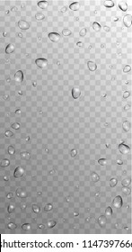 Rain Drops on Transparent Background. Realistic Water Drops for Your Design. Condensation on Glass with many Fresh Droplet. Beauty Background.  Vector illustration. 