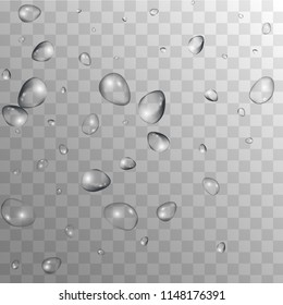 Rain Drops on Transparent Background. Beautiful Water Drops for Your Design. Condensation on Glass with many Fresh Droplet. Background for Cosmetic  Vector illustration. 