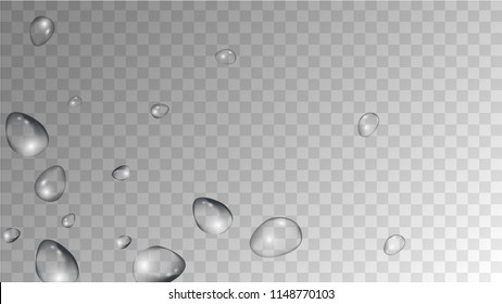 Rain Drops on Transparent Background. Beautiful Water Drops for Your Design. Condensation on Glass with many Fresh Droplet. Background for Cosmetic  Vector illustration. 