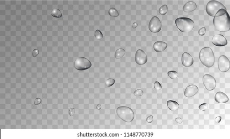 Rain Drops on Transparent Background. Realistic Water Drops for Your Design. Condensation on Glass with many Clean Droplet. Beauty Background.  Vector illustration. 
