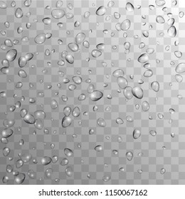 Rain Drops on Transparent Background. Cool Water Drops for Your Design. Condensation on Glass with many Fresh Droplet. Background for Cosmetic  Vector illustration. 