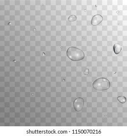 Rain Drops on Transparent Background. Realistic Water Drops for Your Design. Condensation on Glass with many Clean Droplet. Dew Backdrop. Vector illustration. 