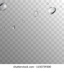 Rain Drops on Transparent Background. Realistic Water Drops for Your Design. Condensation on Glass with many Fresh Droplet. Dew Drop Background. Vector illustration. 
