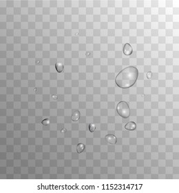 Rain Drops on Transparent Background. Realistic Water Drops for Your Design. Condensation on Glass with many Fresh Droplet. Background for Cosmetic  Vector illustration. 