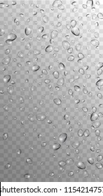 Rain Drops on Transparent Background. Realistic Water Drops for Your Design. Condensation on Glass with many Clean Droplet. Dew Drop Background. Vector illustration. 