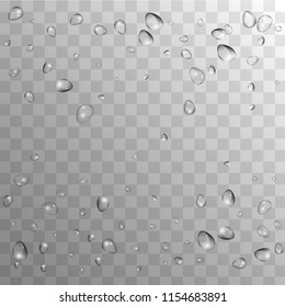 Rain Drops on Transparent Background. Realistic Water Drops for Your Design. Condensation on Glass with many Clean Droplet. Dew Drop Background. Vector illustration. 