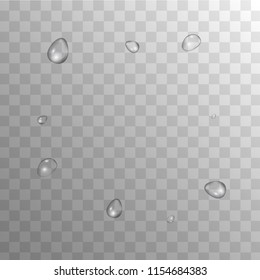 Rain Drops on Transparent Background. Realistic Water Drops for Your Design. Condensation on Glass with many Clean Droplet. Dew Backdrop. Vector illustration. 
