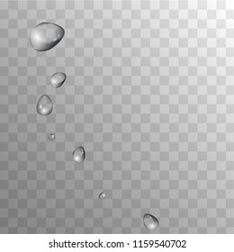 Rain Drops on Transparent Background. Realistic Water Drops for Your Design. Condensation on Glass with many Clean Droplet. Beauty Background.  Vector illustration. 