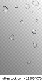 Rain Drops on Transparent Background. Cool Water Drops for Your Design. Condensation on Glass with many Fresh Droplet. Dew Drop Background. Vector illustration. 