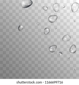 Rain Drops on Transparent Background. Cool Water Drops for Your Design. Condensation on Glass with many Fresh Droplet. Beauty Background.  Vector illustration. 